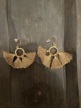 Gold/Olive Green Fringe Fan Drop Earrings for Women